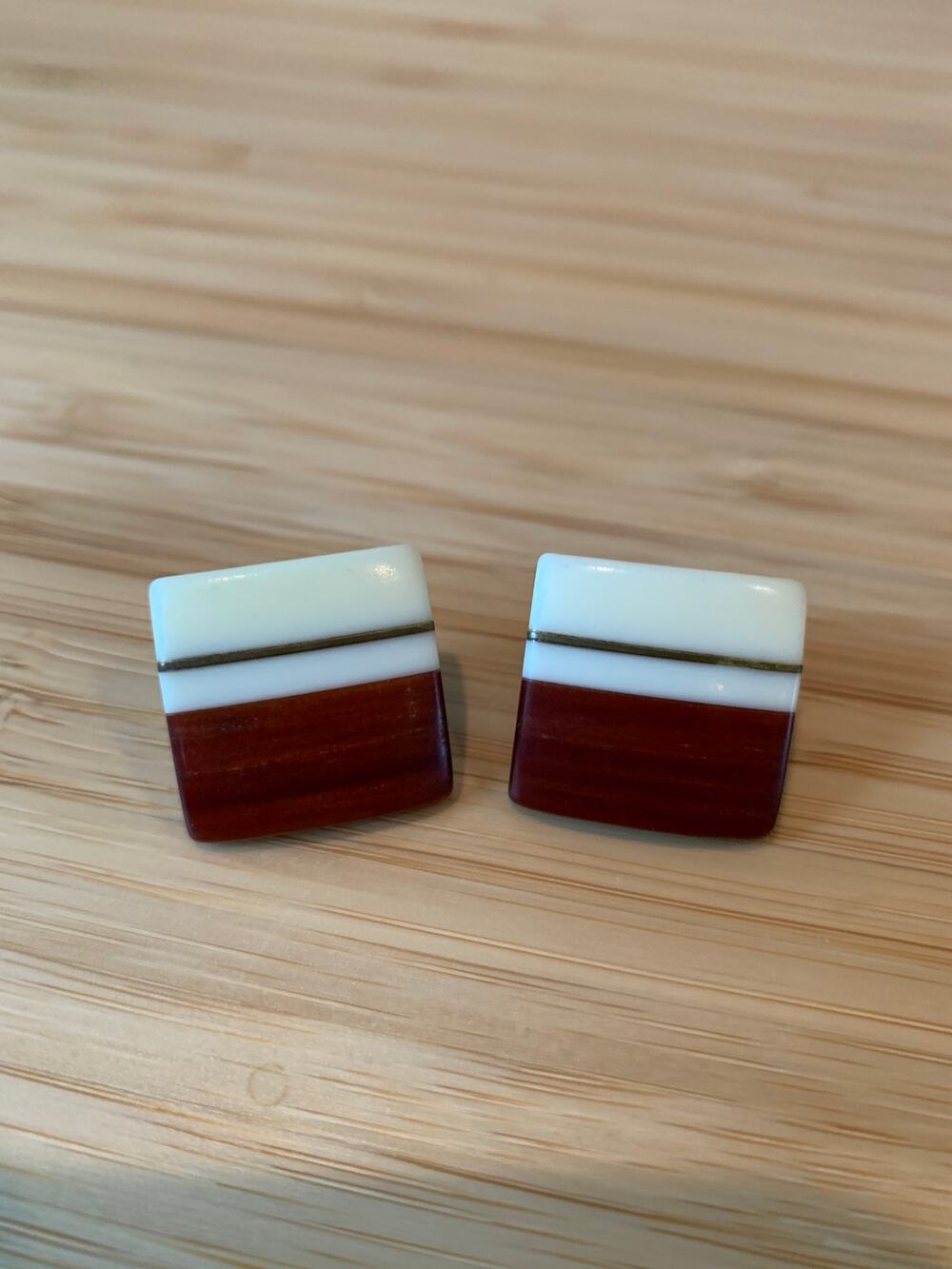 70s 80s Brown Wood Ivory Gold Inlaid Earrings 3/4" square Post
